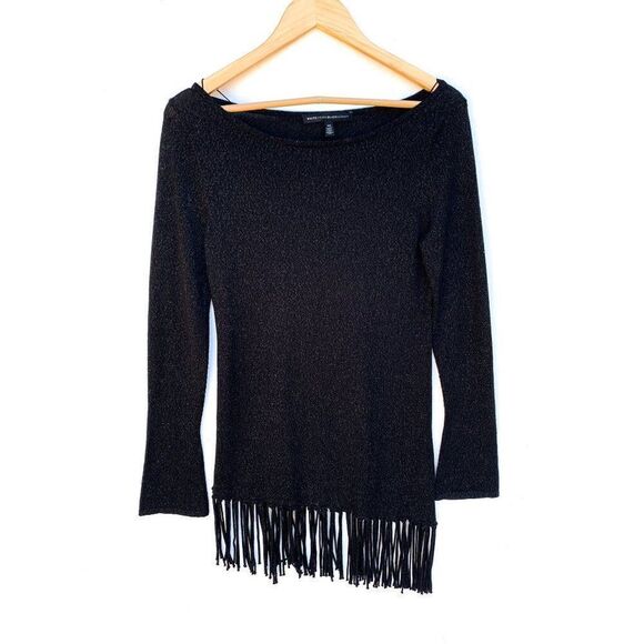 White House Black Market Fringe Black Metallic Asymmetrical Sweater - Picture 5 of 11